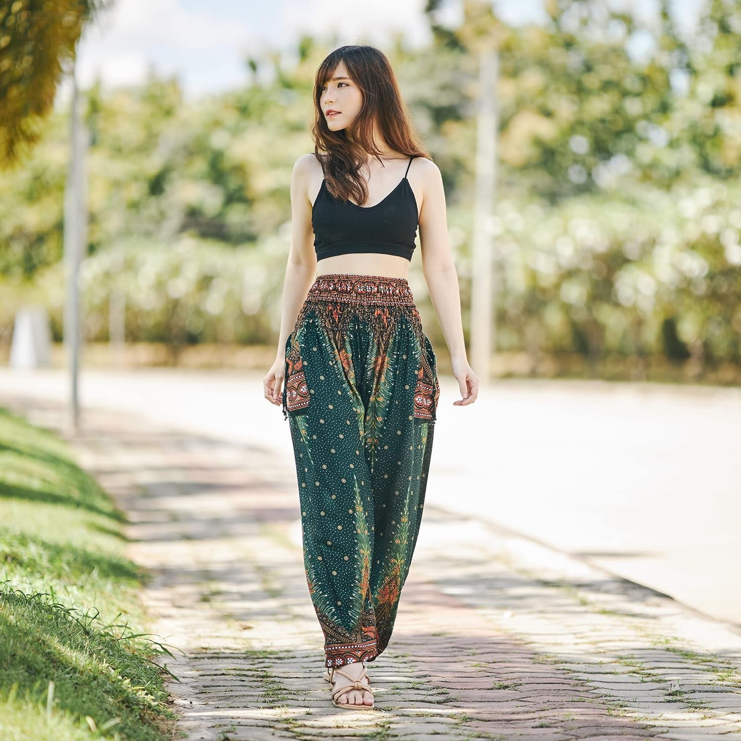 Lannaclothesdesign Women'S Smocked Waist Boho Flowy Yoga Harem Pants Hippie Clothes