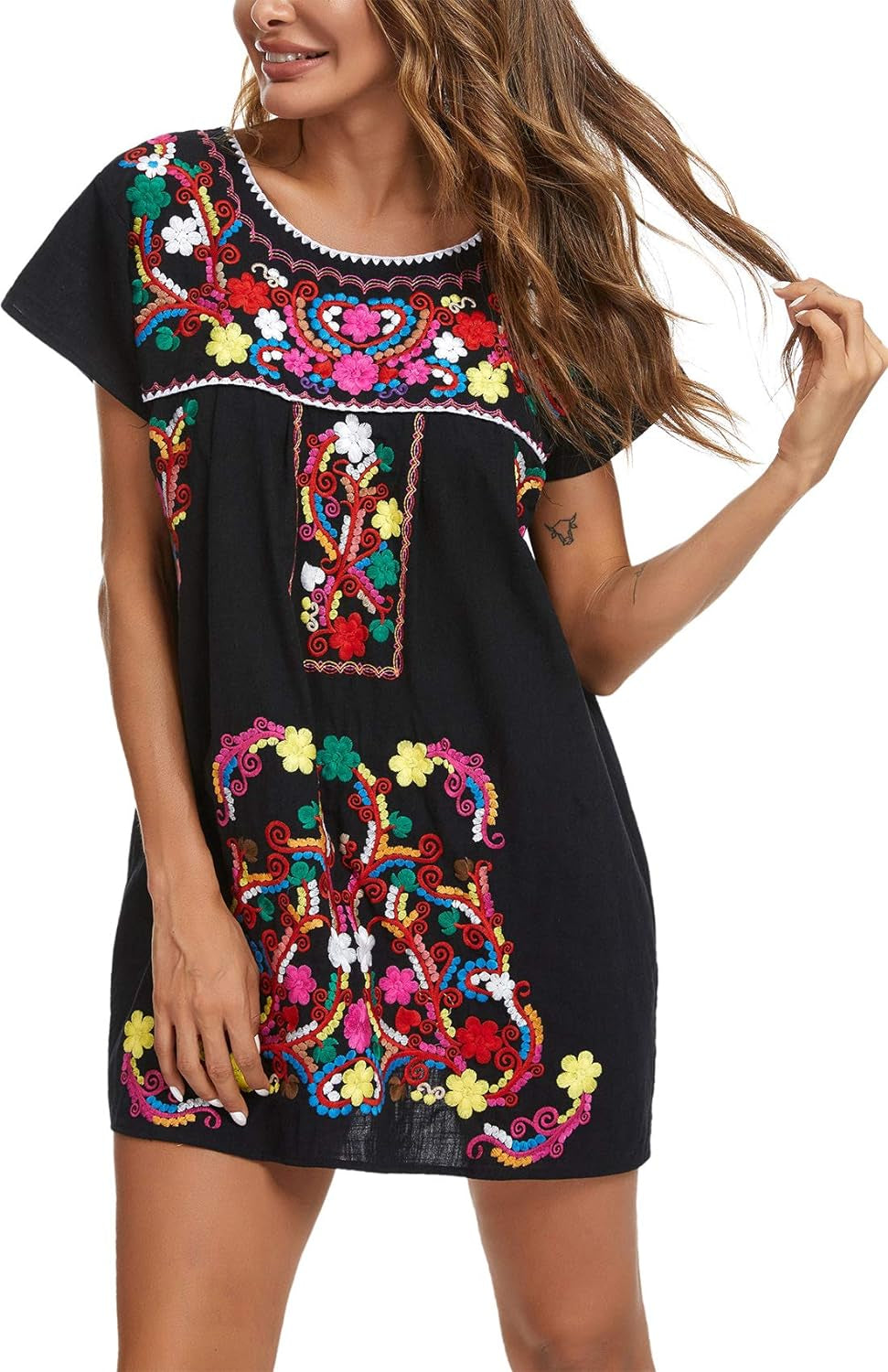YZXDORWJ Women Mexican Embroidered Dress Short Sleeve