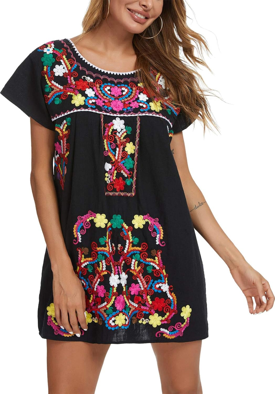 YZXDORWJ Women Mexican Embroidered Dress Short Sleeve