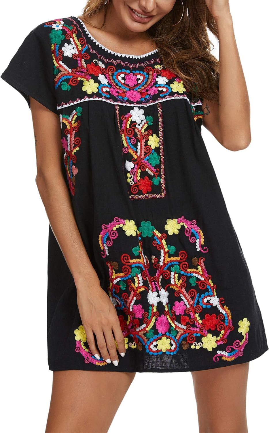 YZXDORWJ Women Mexican Embroidered Dress Short Sleeve
