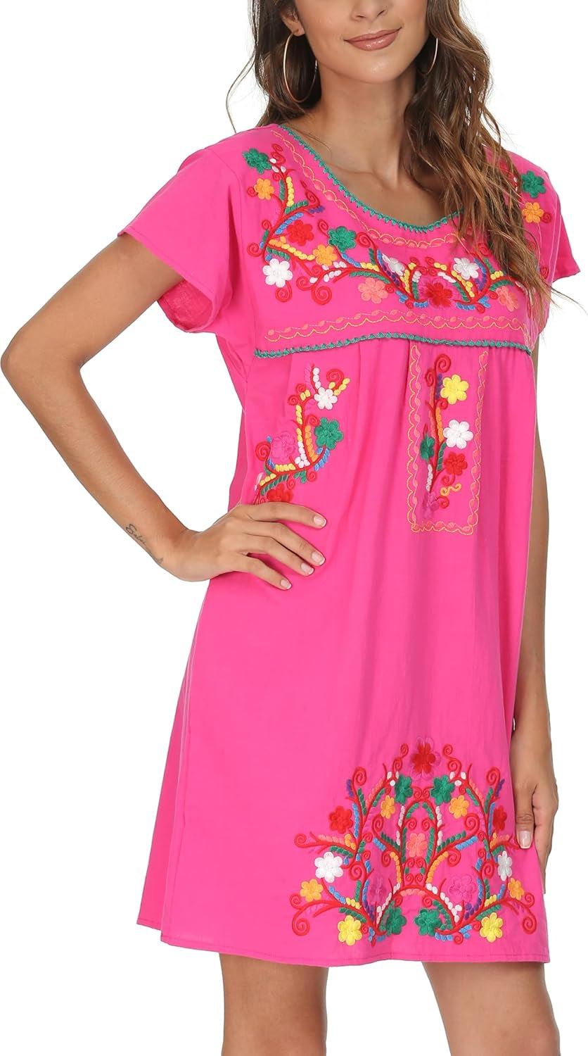 YZXDORWJ Women Mexican Embroidered Dress Short Sleeve