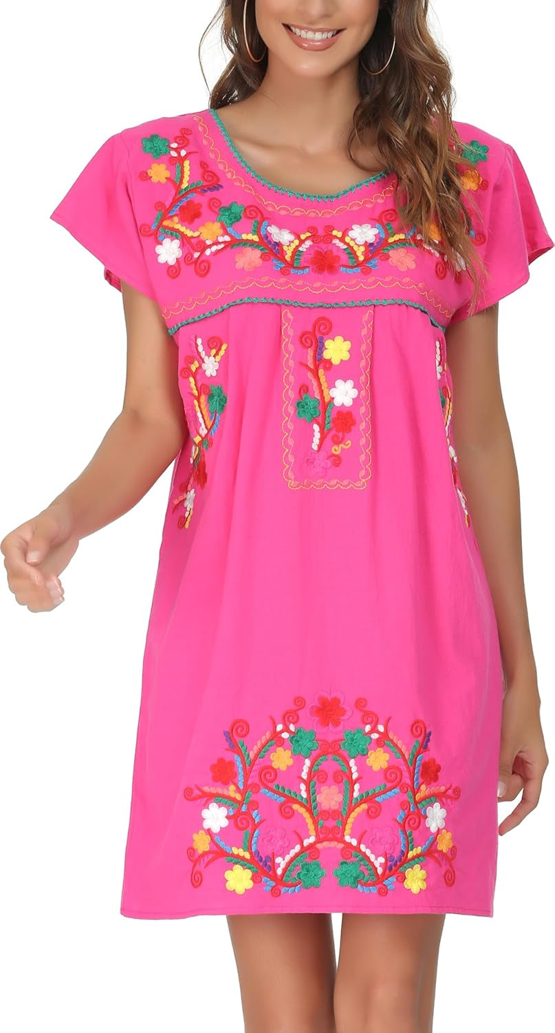 YZXDORWJ Women Mexican Embroidered Dress Short Sleeve