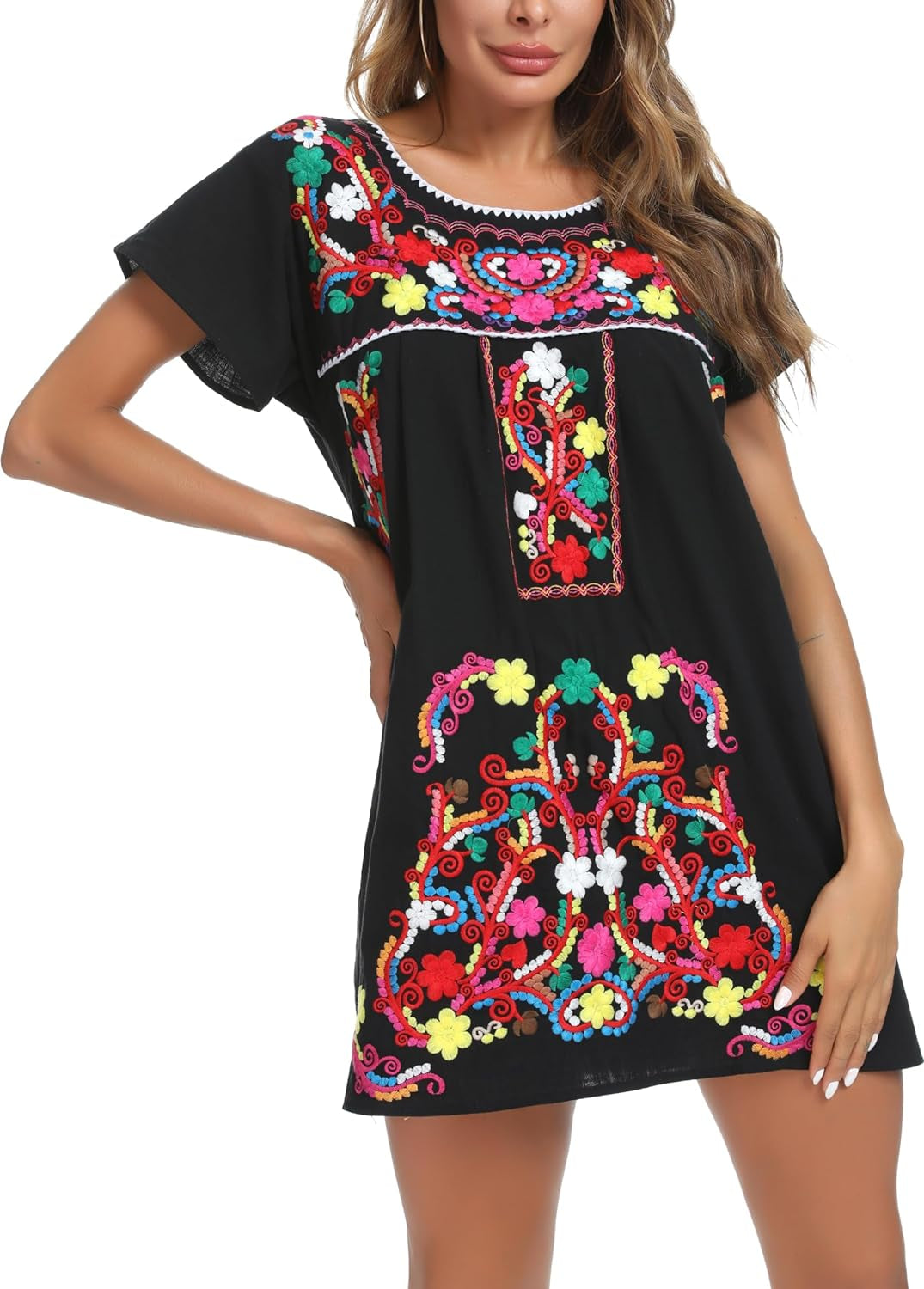 YZXDORWJ Women Mexican Embroidered Dress Short Sleeve