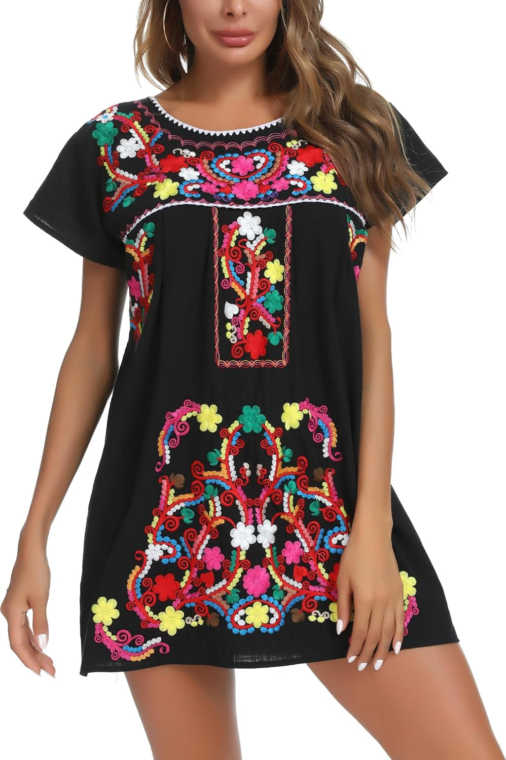 YZXDORWJ Women Mexican Embroidered Dress Short Sleeve