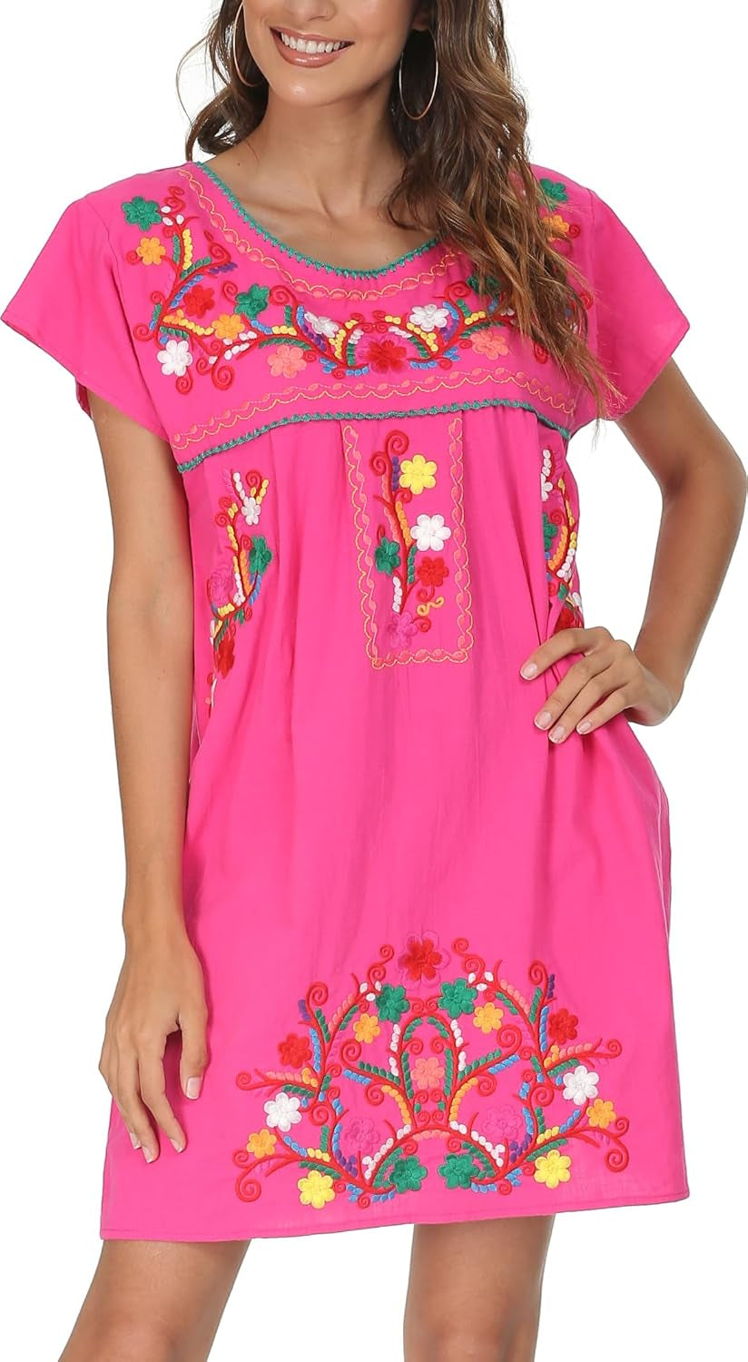 YZXDORWJ Women Mexican Embroidered Dress Short Sleeve
