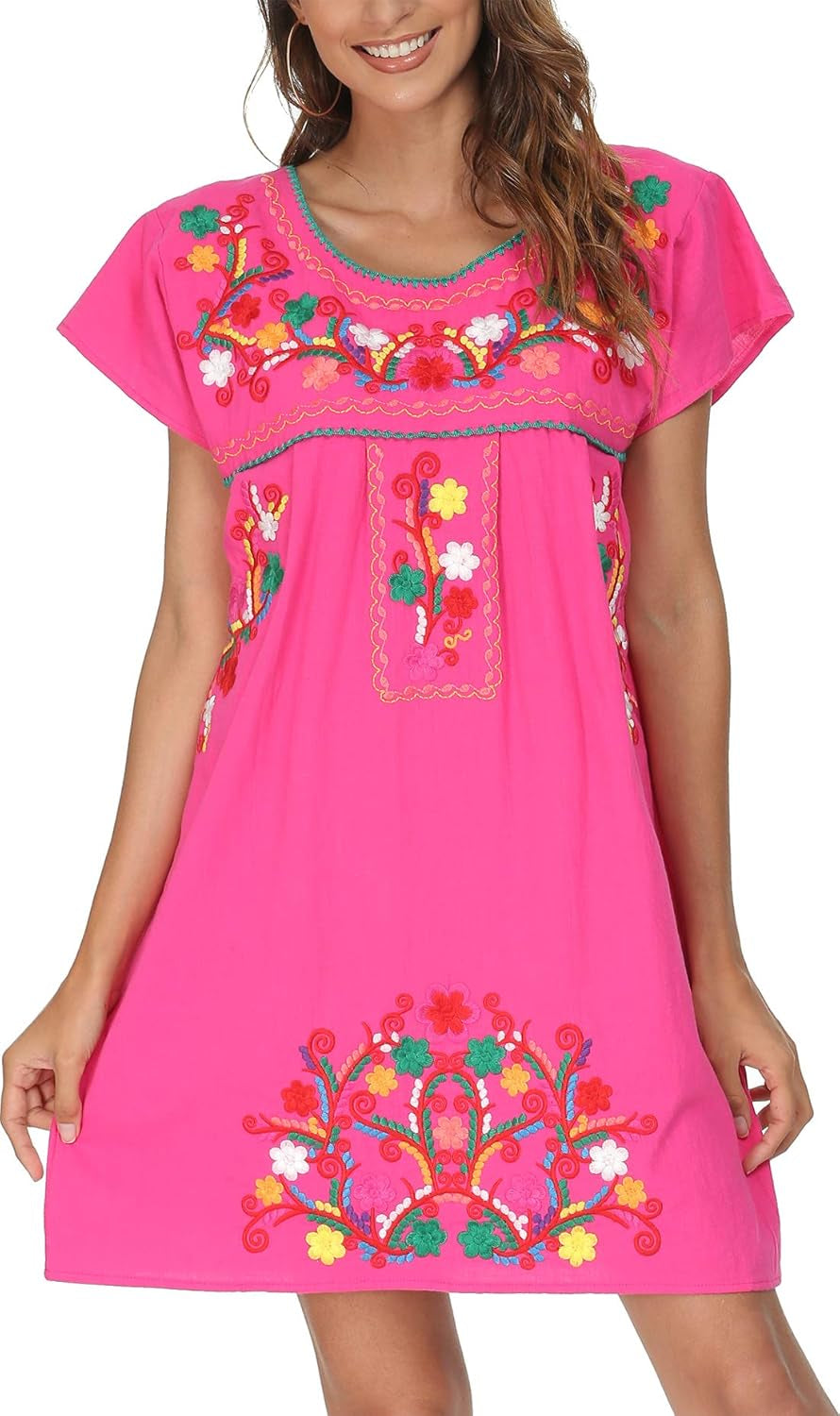 YZXDORWJ Women Mexican Embroidered Dress Short Sleeve