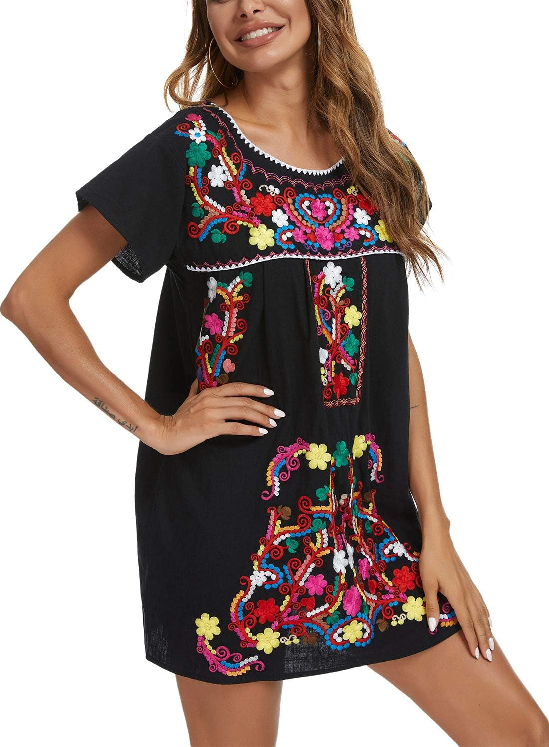 YZXDORWJ Women Mexican Embroidered Dress Short Sleeve