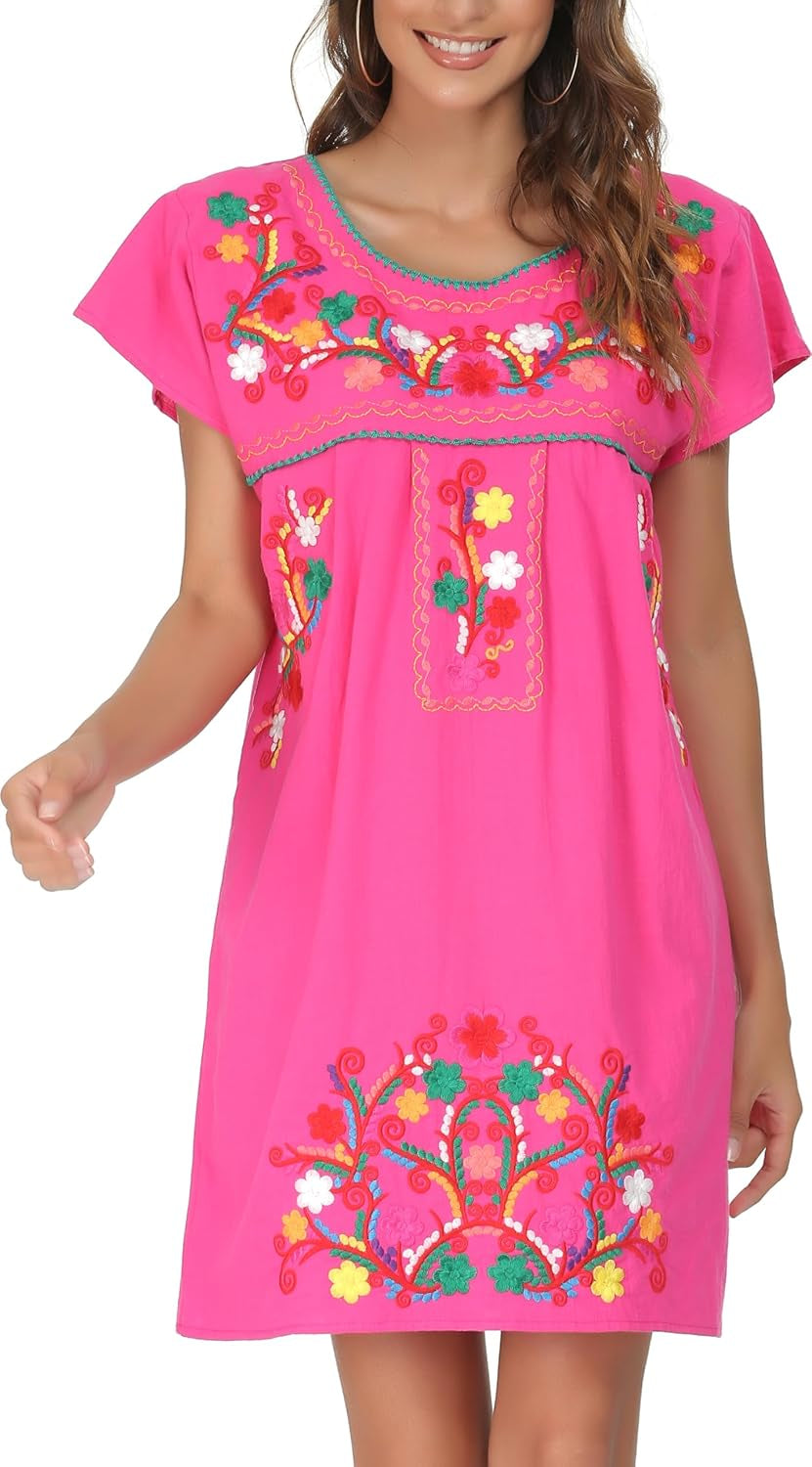 YZXDORWJ Women Mexican Embroidered Dress Short Sleeve