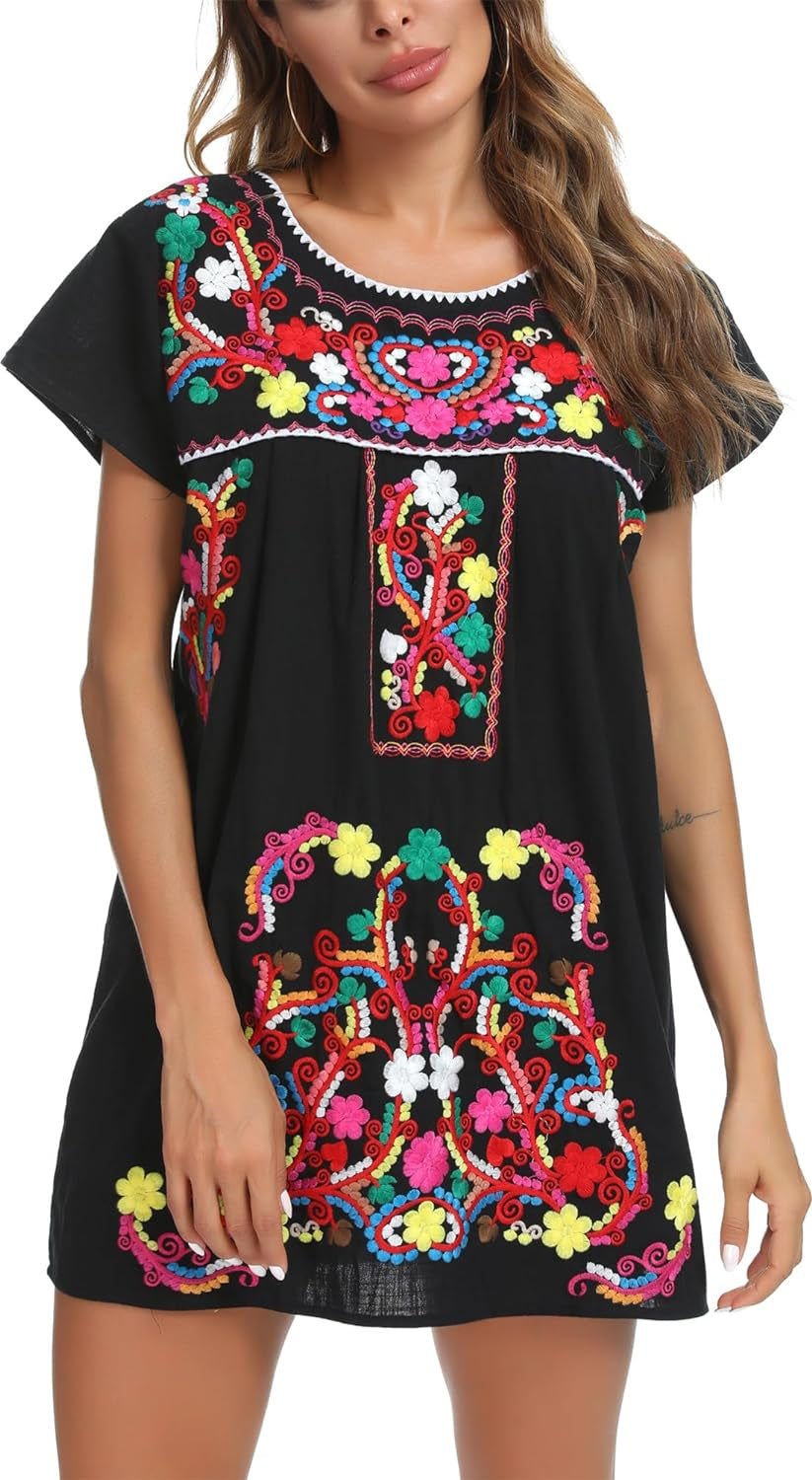 YZXDORWJ Women Mexican Embroidered Dress Short Sleeve
