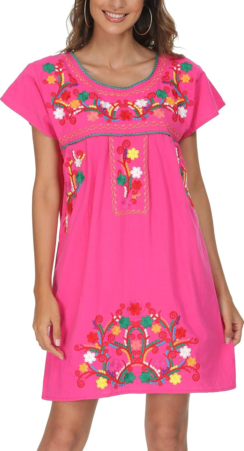 YZXDORWJ Women Mexican Embroidered Dress Short Sleeve