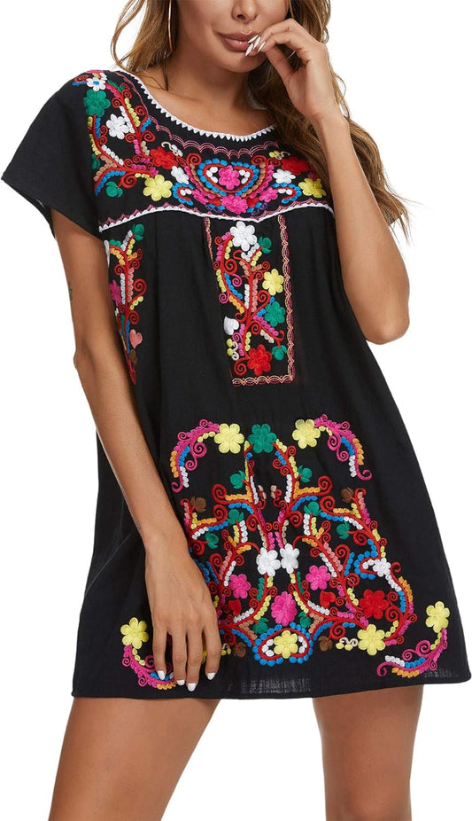 YZXDORWJ Women Mexican Embroidered Dress Short Sleeve