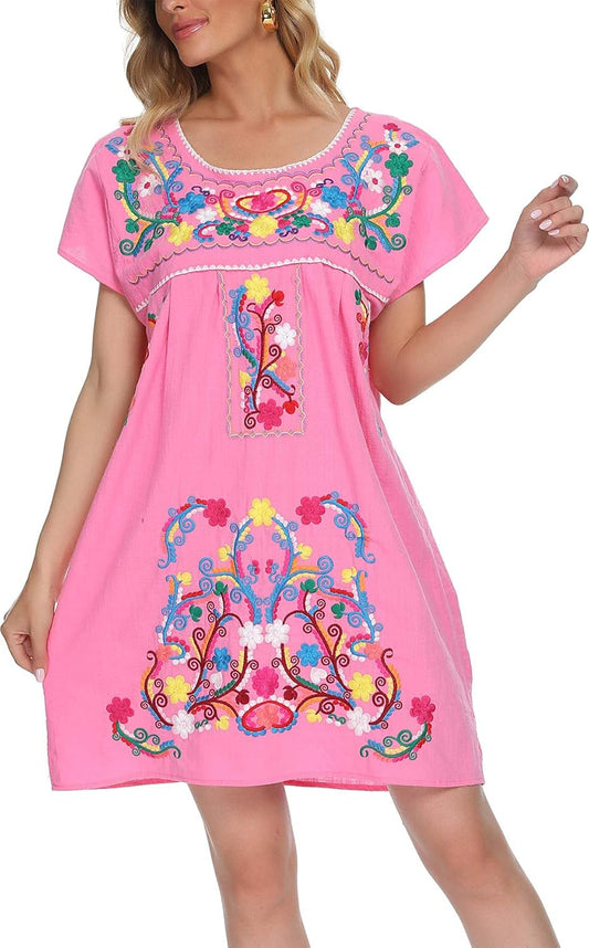 YZXDORWJ Women'S Casual Skirt Boho Mexican Peasant Dresse plus Size XXL Dress (225PINK, M)