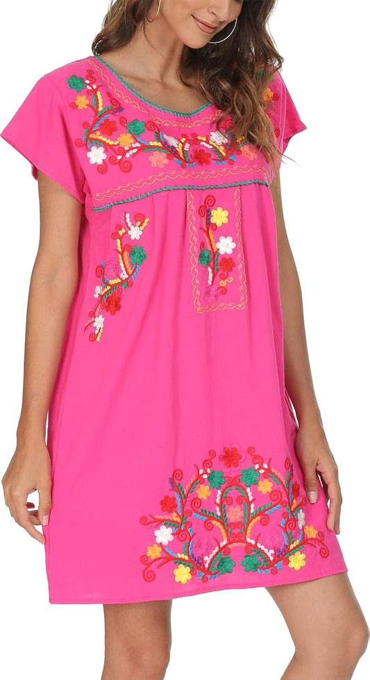YZXDORWJ Women Mexican Embroidered Dress Short Sleeve